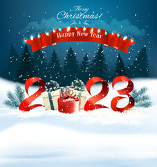 Wall Mural - 2023 Happy New Year and Merry Christmas holiday background with gift boxes and colorful garland. Vector.