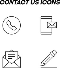 Wall Mural - Simple monochrome signs drawn with black thin line. Vector line icon set with symbols of cellphone, envelope by smartphone, letter, writing pencil