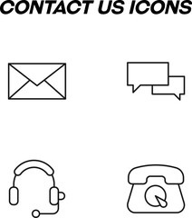 Wall Mural - Simple monochrome signs drawn with black thin line. Vector line icon set with symbols of envelop, speech bubble, vintage cellphone, headphones for call center