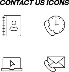 Wall Mural - Simple monochrome signs drawn with black thin line. Vector line icon set with symbols of phone book, cellphone, laptop, envelope