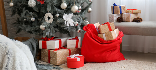 Poster - Santa bag with gifts and Christmas tree in living room