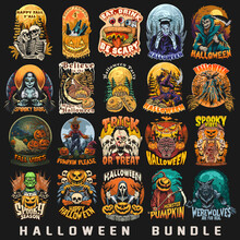 Spooky Halloween T Shirt Designs Bundle. Set Of Halloween Illustrations Artwork. Scary Halloween Monster And Ghost