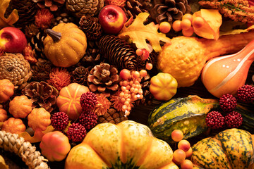 Autumn composition on a rustic wooden background. Decorative pumpkins, various leaves, pine cones, nuts. Orange, yellow, red  and brown aesthetics. 