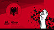 Banner illustration of Albania independence day celebration with text space. Waving flag and hands clenched. Vector illustration.