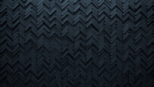 Black, Semigloss Mosaic Tiles Arranged In The Shape Of A Wall. Herringbone, 3D, Blocks Stacked To Create A Futuristic Block Background. 3D Render
