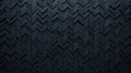 Black, Semigloss Mosaic Tiles arranged in the shape of a wall. Herringbone, 3D, Blocks stacked to create a Futuristic block background. 3D Render