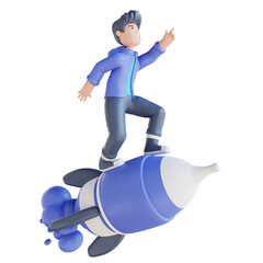 3D illustration start up sitting on a rocket