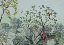 Vintage Wallpaper Forests Trees With Palms And Colorful Birds With Dwarves On Green Background