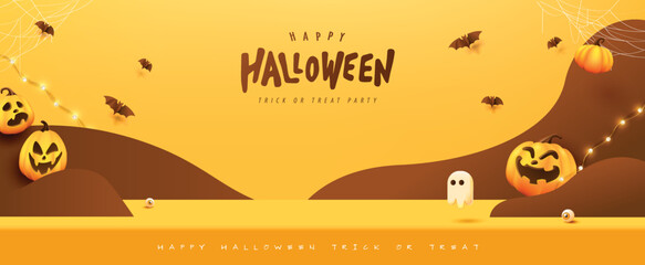 Happy Halloween banner Studio table room product display with copy space