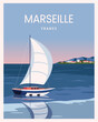 France Marseille with sailor boat landscape background. Flat cartoon vector illustration with colored style.