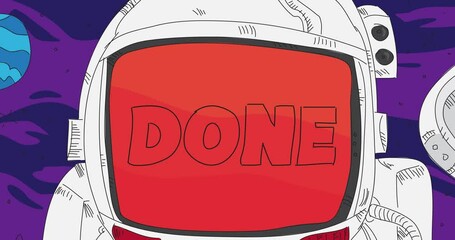 Fototapete - Astronaut in space with Done Text on his helmet. Abstract dancing line cartoon animation. 4k HD Format resolution video.