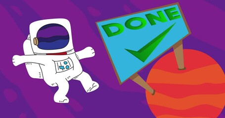Fototapete - Astronaut adrift near a Red Planet with Done text with Checkmark Billboard. Abstract cartoon animation. 4k HD Format resolution video.