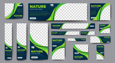 Fototapete - Green banner design web template Set, Horizontal header web banner. Modern Gradient green cover header background for website design, Social Media Cover ads banner, flyer, invitation card