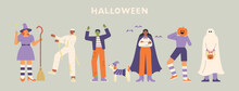 People In Halloween Costumes. Witch, Mummy, Zombie, Vampire, Jack-o-Lantern, Ghost. Flat Design Style Vector Illustration.