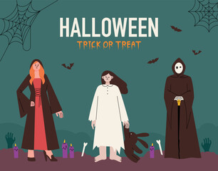 Halloween poster with witch, ghost and reaper. flat design style vector illustration.