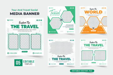 Wall Mural - Travel agency promotion banner and social media post design bundle with green and orange colors. Tour and travel advertisement flyer template collection. Touring group web banner set for marketing.