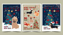 Set Of Cute Christmas And New Year Cards 2023 With Dogs. Modern Flat Vector Illustration.