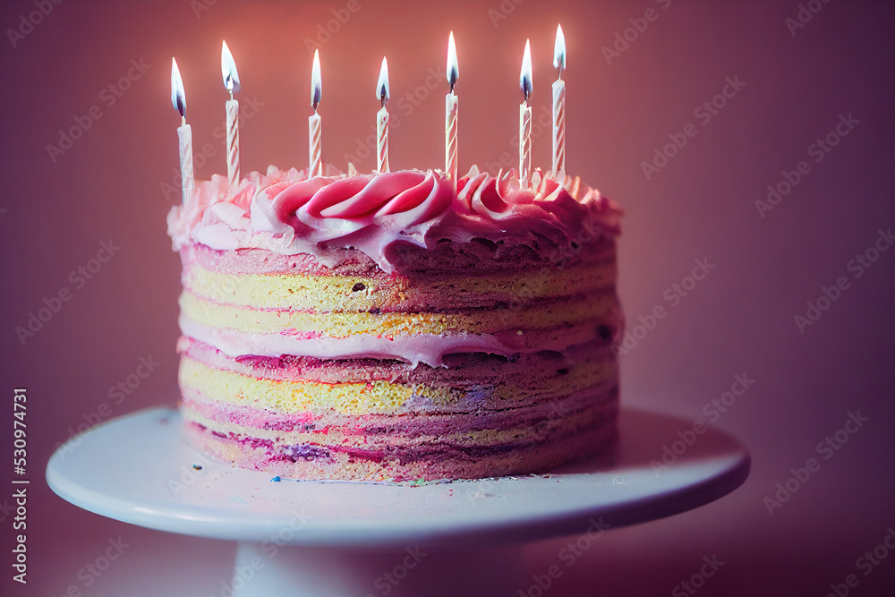 pink birthday cake with candles, digital illustration, digital painting ...