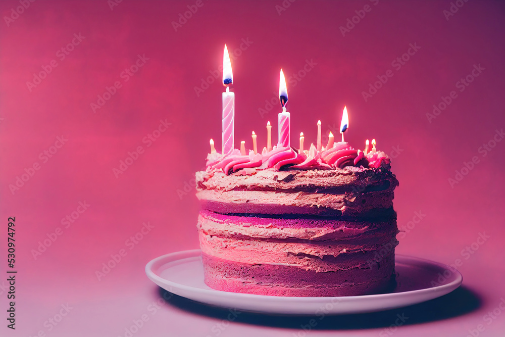 pink birthday cake with candles, digital illustration, digital painting ...
