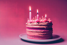 Pink Birthday Cake With Candles, Digital Illustration, Digital Painting, Cg Artwork, Realistic Illustration, 3d Render