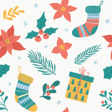 Seamless Pattern With Christmas And New Year Elements. Warm Socks, Gift Box, Christmas Flowers, Needles, Poinsettia, Mistletoe, Holly Leaves,  Branches With Berries. 