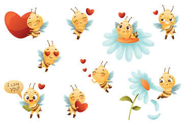 Sticker - Cute Bee Character with Striped Yellow Body and Wings Engaged in Different Activity Vector Set