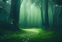 Misty Foggy Green Celtic Forest With Lush Foliage, Calm Nature Organic Background, Digital Illustration, Digital Painting, Cg Artwork, Realistic Illustration, 3d Illustration
