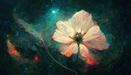 Wall Mural - Abstract, beautiful galaxy illustration flower in cosmos, the universe in the background, artistic visualization fantasy fairy tail wallpaper with glowing stars and planets colorful futuristic concept