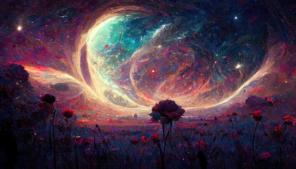 Wall Mural - Fantasy fairy tail abstract wallpaper with galaxy space Universe illustration in background with stars, planets and colorful blue, pink, red, orange, teal, turquoise clouds and sky with milky way