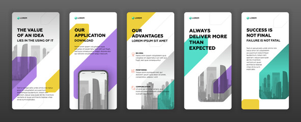 Social media stories templates set with cityscape vector illustration on background. Instagram stories vector layout design. Tiktok template.