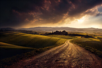 Wall Mural - beautiful tuscany landscape, sunset morning lights, peaceful background