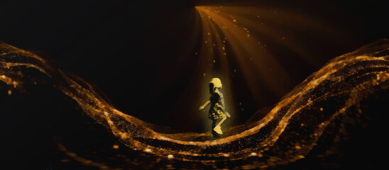 A little girl walks on an abstract wave. Virtual reality, black and gold