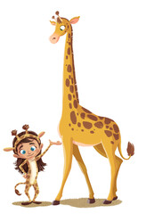  Funny illustration of little girl with giraffe