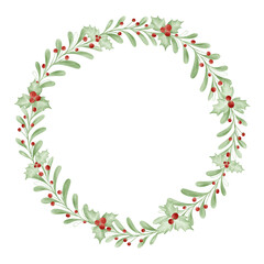 Wall Mural - watercolor round wreath from dry twigs and christmas tree branches with black and red berries isolat