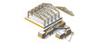 Construction vehicle at work: steel framing hangar, crane truck and loading truck. 3d isometric vector illustration