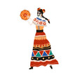 Mexican Katrina playing tambourine for Day of Dead, Dia de los Muertos. Mexico Catrina, woman skeleton with flowers in hair, dancing in dress. Flat vector illustration isolated on white background