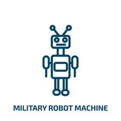 Poster - military robot machine icon from army collection. Thin linear military robot machine, robotic, robot outline icon isolated on white background. Line vector military robot machine sign, symbol for web