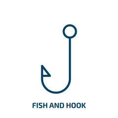 Poster - fish and hook icon from summer collection. Thin linear fish and hook, fish, sport outline icon isolated on white background. Line vector fish and hook sign, symbol for web and mobile