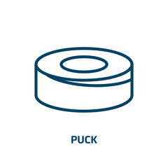 Poster - puck icon from hockey collection. Thin linear puck, stick, ice outline icon isolated on white background. Line vector puck sign, symbol for web and mobile