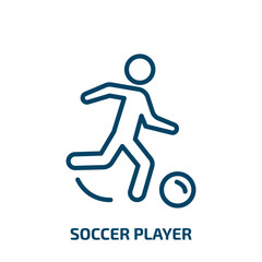 Poster - soccer player icon from football collection. Thin linear soccer player, ball, player outline icon isolated on white background. Line vector soccer player sign, symbol for web and mobile