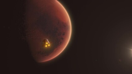 Wall Mural - Red Planet Mars with Space X Starship Approaching Fast with Rocket Thrusters Ready for Landing and Craters and Atmosphere Visible 4K