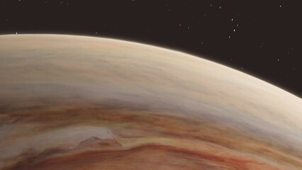 Wall Mural - Fast Descending View from Space of Planet Jupiter and Big Red Eye Storm with Stars Background 4K