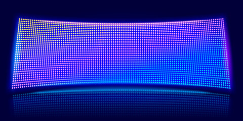 Curved LED screen. Digital stadium scene, glowing video stage and lcd pixel diodes display vector background
