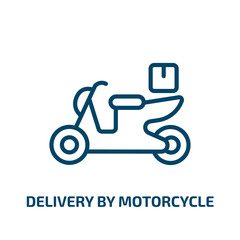 Poster - delivery by motorcycle icon from delivery and logistic collection. Thin linear delivery by motorcycle, motorcycle, delivery outline icon isolated on white background. Line vector delivery by