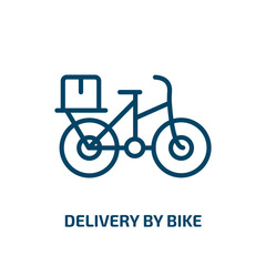 Poster - delivery by bike icon from delivery and logistic collection. Thin linear delivery by bike, motorcycle, courier outline icon isolated on white background. Line vector delivery by bike sign, symbol for