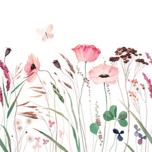 Watercolor Illustration With Wildflowers, Herbs And Butterfly. Panoramic Horizontal Isolated Illustration. Summer Meadow. Illustration For Card, Border, Banner Or Your Other Design. Seamless Pattern.
