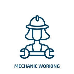 Poster - mechanic working icon from construction and tools collection. Thin linear mechanic working, work, equipment outline icon isolated on white background. Line vector mechanic working sign, symbol for web
