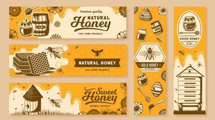 hone banners. healthy natural sweets, bee farm products and header with honeycomb cells vector illus