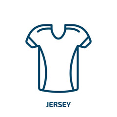 Poster - jersey icon from clothes collection. Thin linear jersey, play, ball outline icon isolated on white background. Line vector jersey sign, symbol for web and mobile