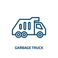 Poster - garbage truck icon from cleaning collection. Thin linear garbage truck, garbage, truck outline icon isolated on white background. Line vector garbage truck sign, symbol for web and mobile